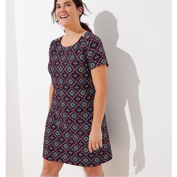 LOFT Jacquard Shift Dress. Navy - Burgundy Textured Fabric. EUC - Picture 2 of 10